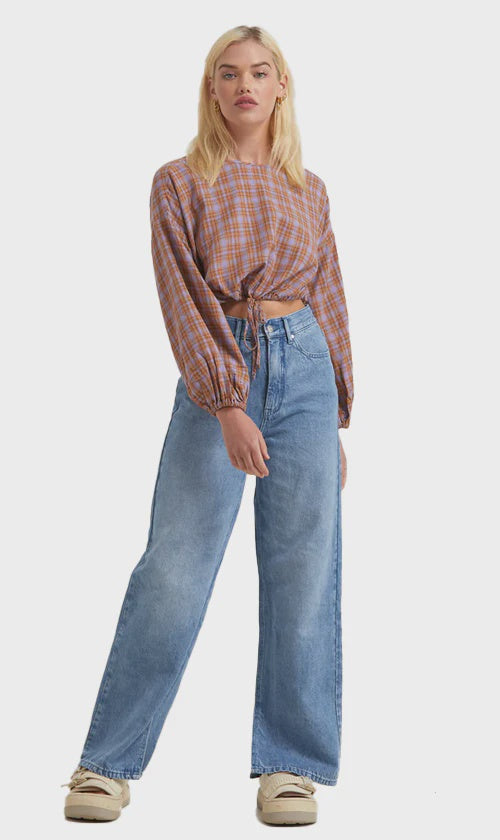 AFENDS Colby Hemp Check Cropped Long Sleeve Top