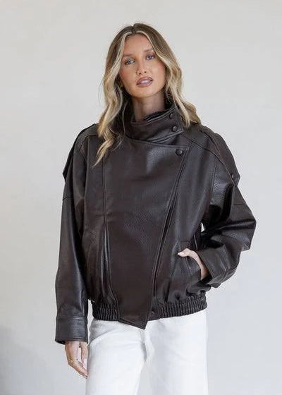 Funnel Neck Faux Leather Jacket