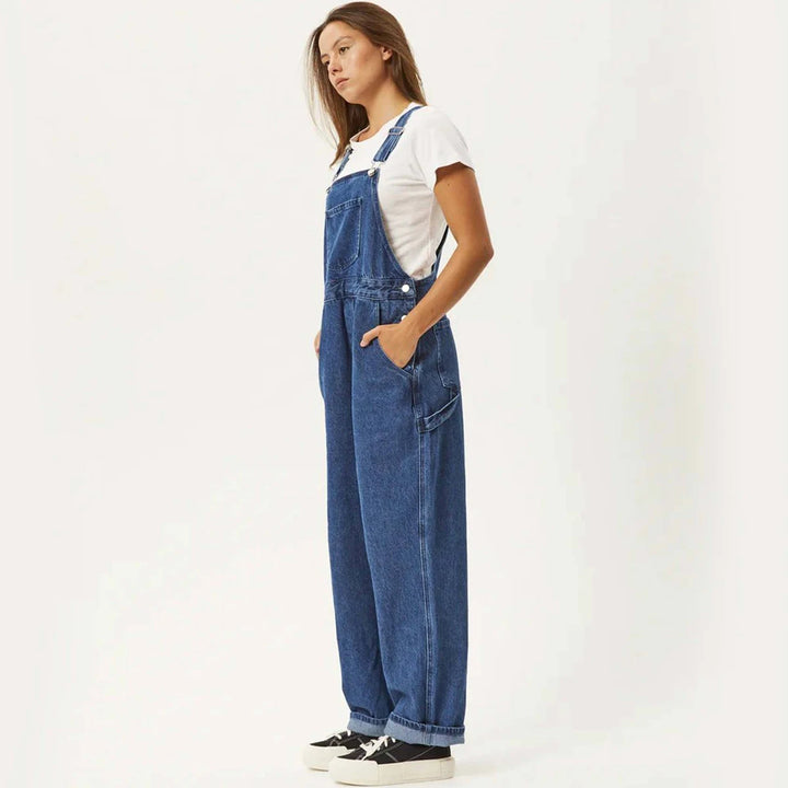 Afends Womens Louis Denim Oversized Overalls Worn Blue