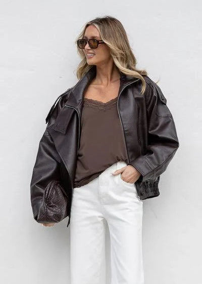 Funnel Neck Faux Leather Jacket