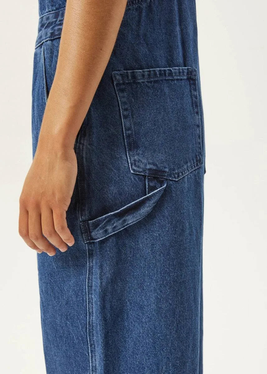 Afends Womens Louis Denim Oversized Overalls Worn Blue