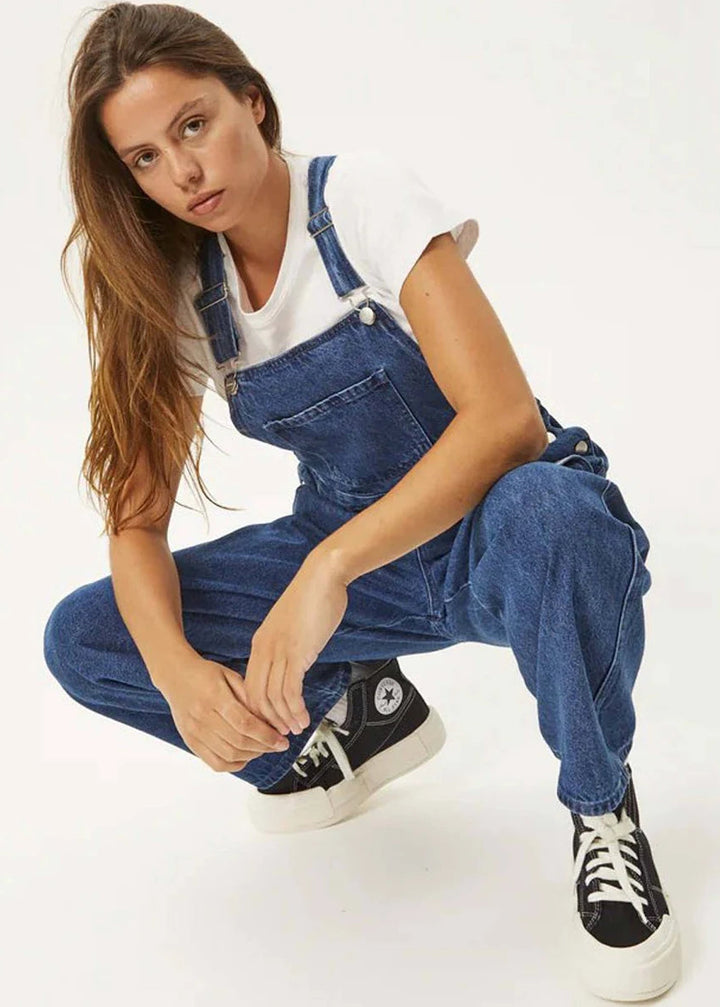 Afends Womens Louis Denim Oversized Overalls Worn Blue