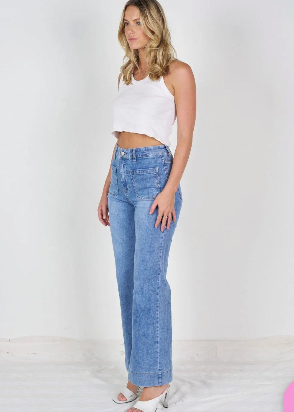 WAKEE Patch Pocket Wide Leg Jean Blue