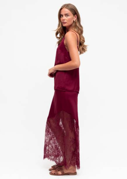 Liberty Lace Trim Satin Skirt Wine