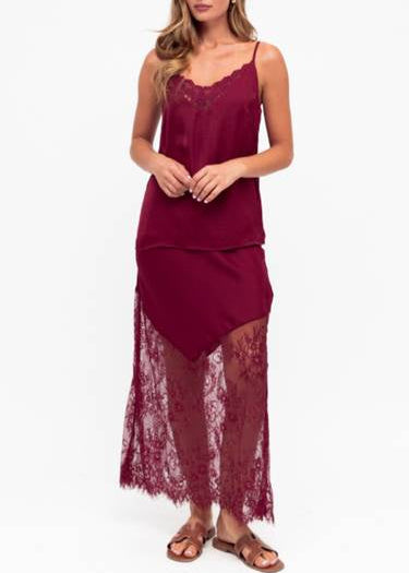 Liberty Lace Trim Satin Skirt Wine