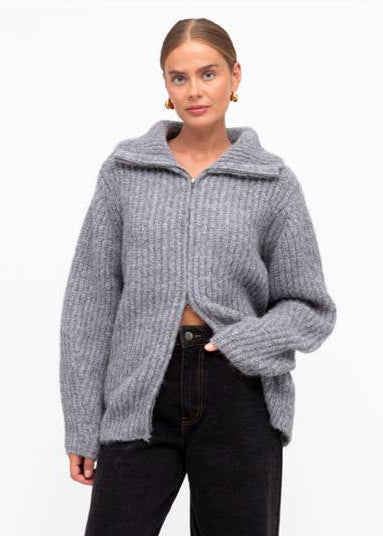 Aria Two Way Zipper Knit Cardigan Grey