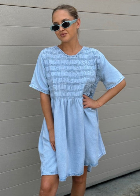 All Rouched Up Smock Dress Light Blue
