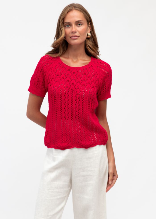 Jasmina Crochet Knit Tee Raspberry