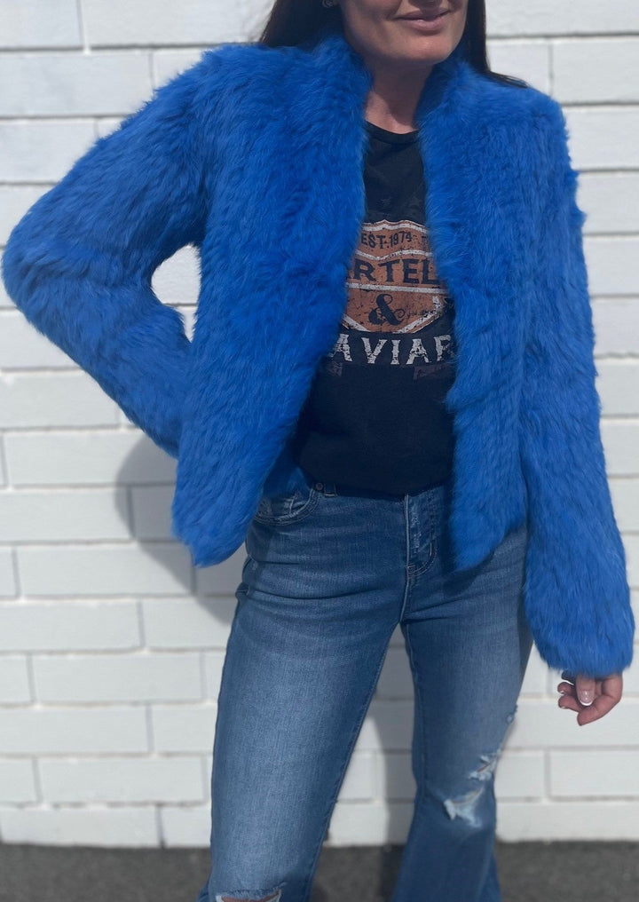 Stolen Thunder Rabbit Fur Cropped Jacket Cobalt Blue