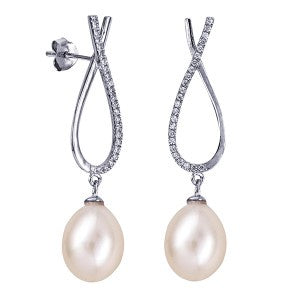 S/S Oval Freshwater Cultured Pearl / White Cz Drop Studs