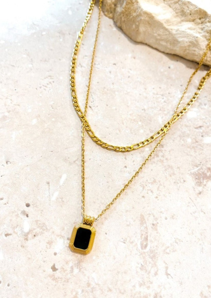 Stone Charm Layered Necklace 18k Gold Plated Black
