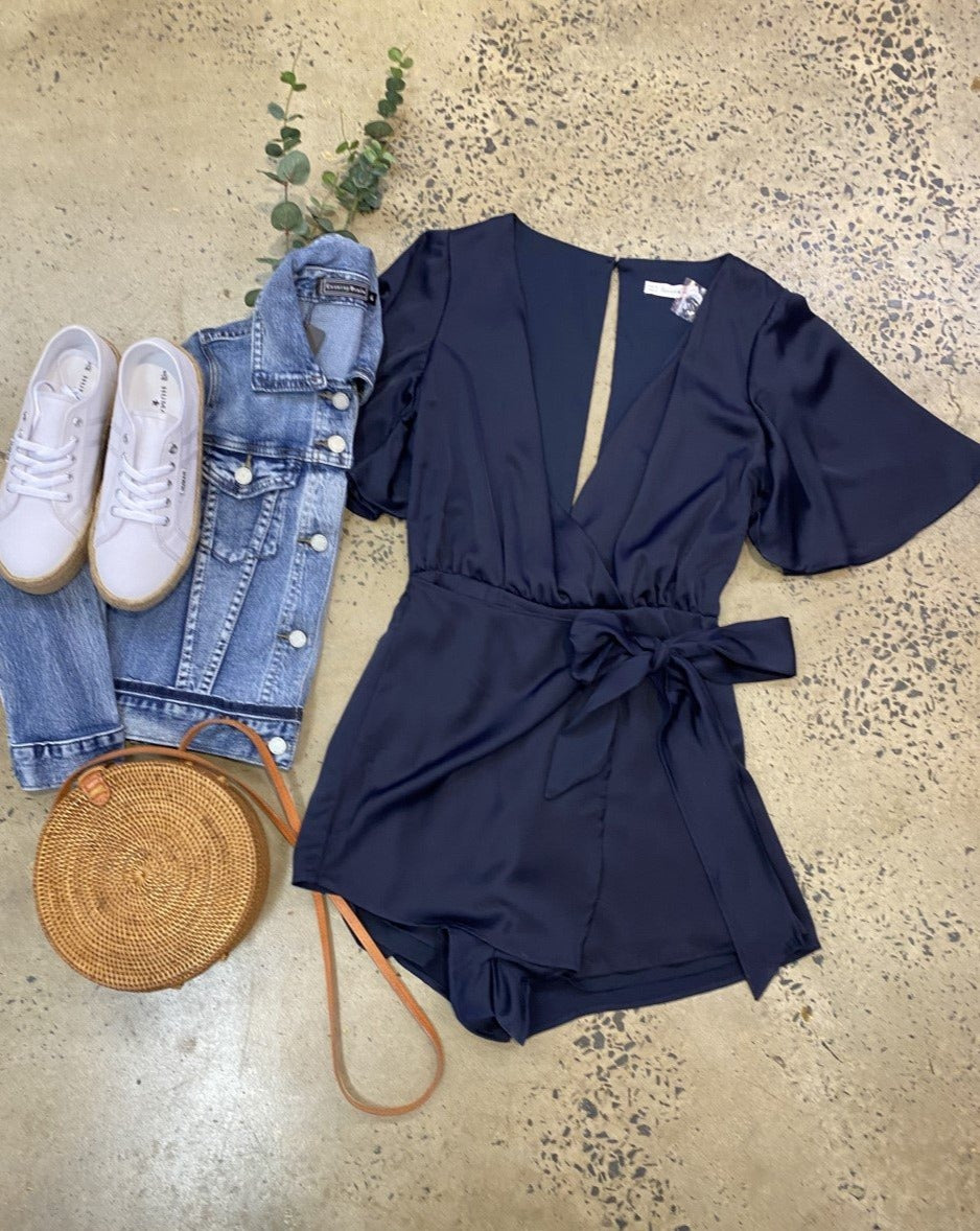 Here Comes The Sun Navy Satin Playsuit